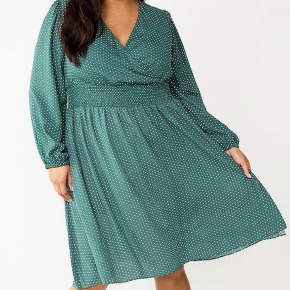 Draper James RSVP Green Polka Dot Smocked Waist Long Sleeve Midi Dress Size 1X